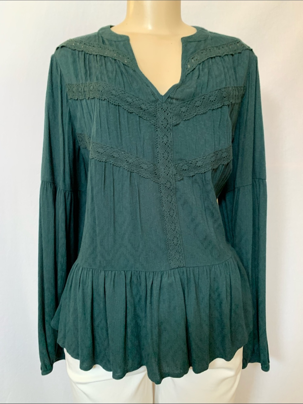 KNOX ROSE Women’s Dark Forest Green Peplum Lace-Trim Blouse Size Medium NWT